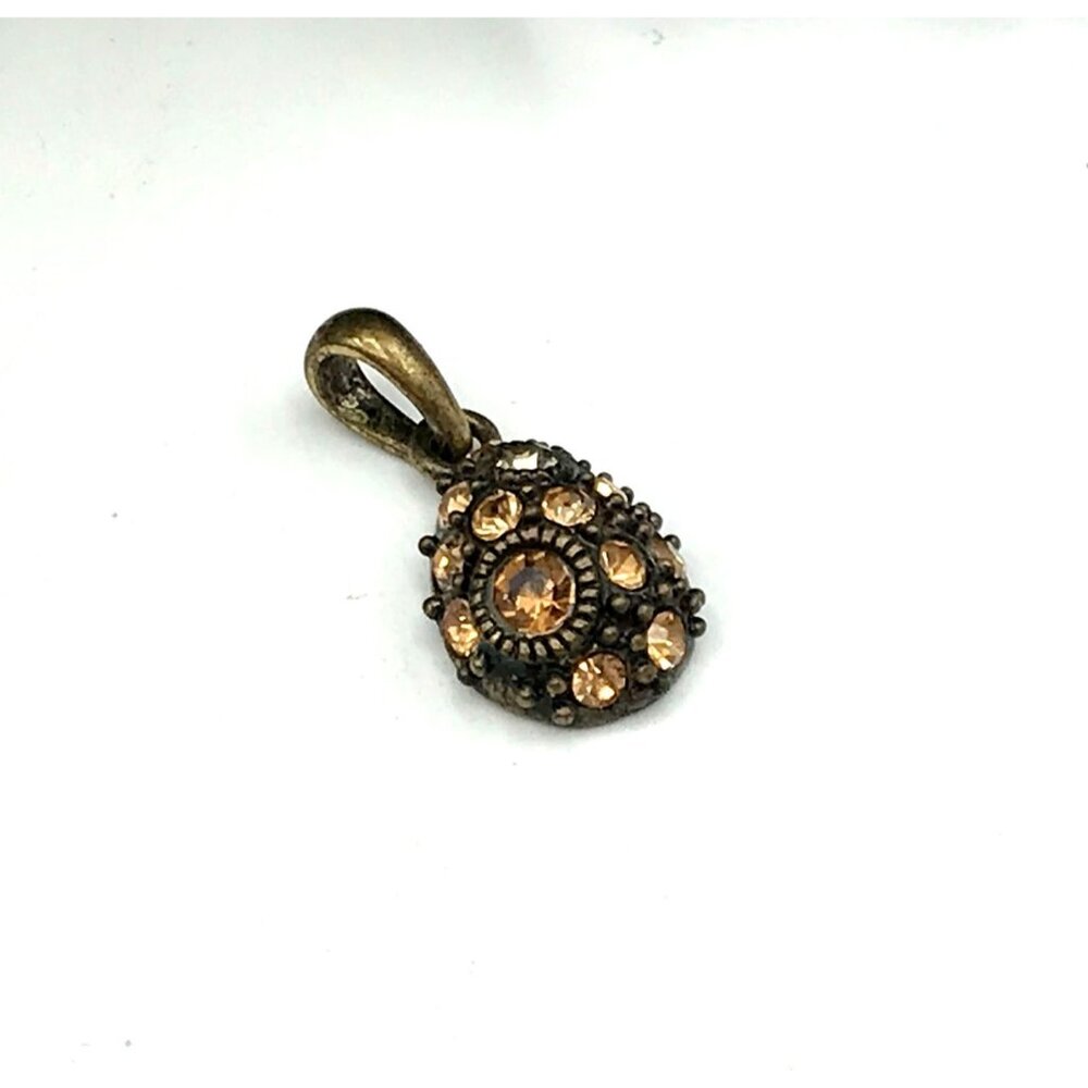 Vintage Brushed Gold-Tone Teardrop Pendant With Amber Rhinestones
